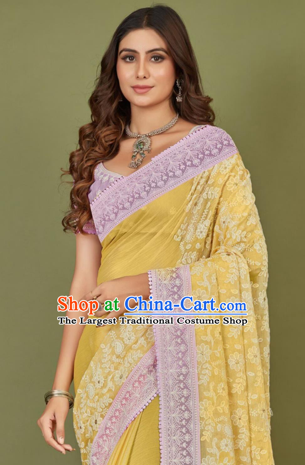 India Woman Summer Costume Indian National Clothing Traditional Festival Yellow Embroidered Sari Dress