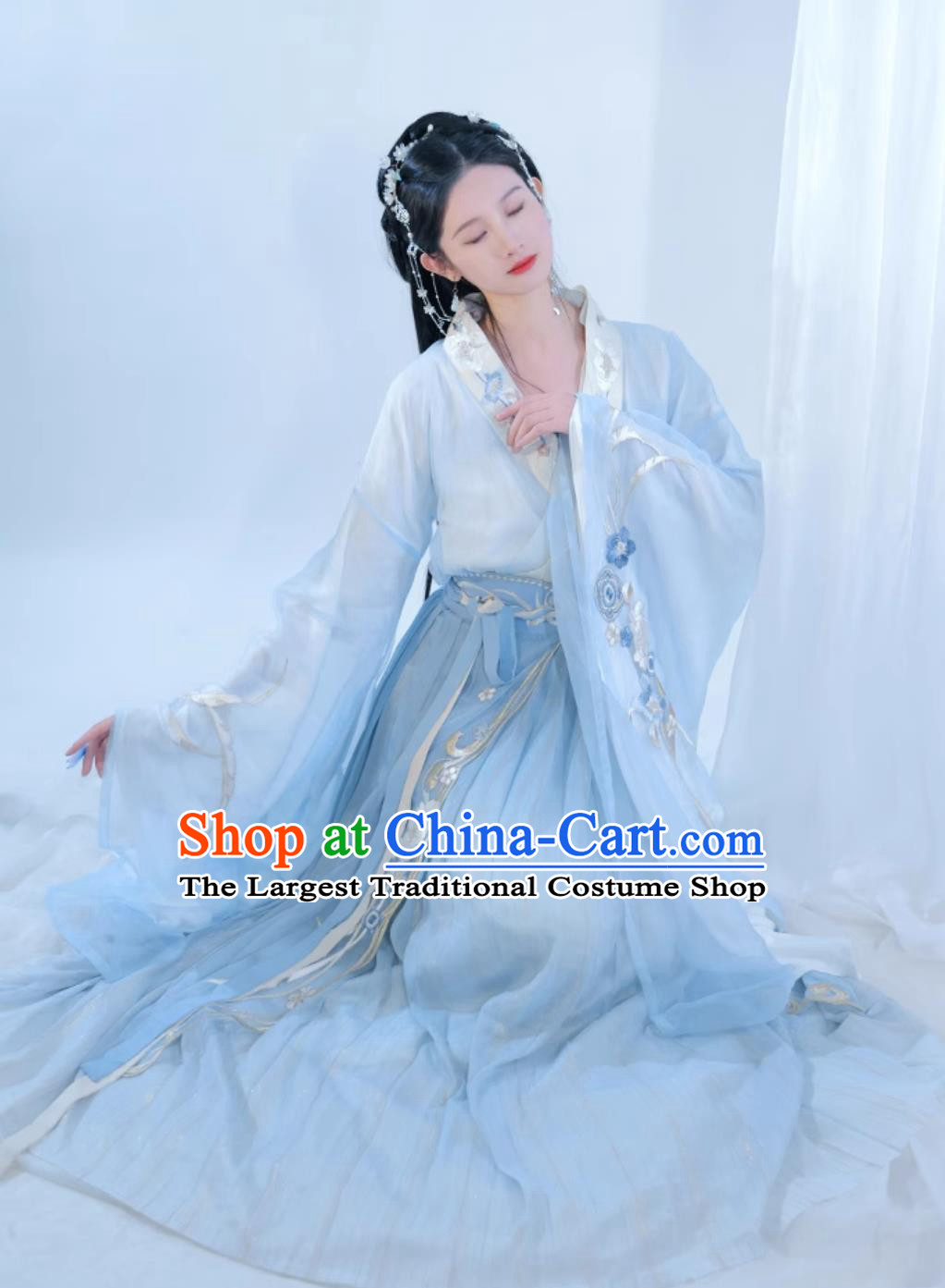 Ancient Chinese Southern and Northern Dynasties Princess Clothing Traditional Women Hanfu Blue Dress China Travel Photography Costume