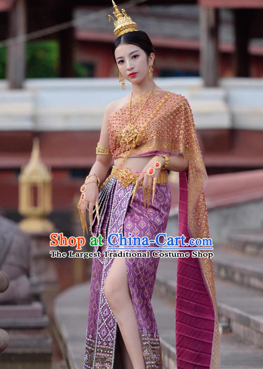Purple Thailand Costume Chinese Dai Princess Clothing Women Handmade Beaded Bra Skirt with Split Complete Set