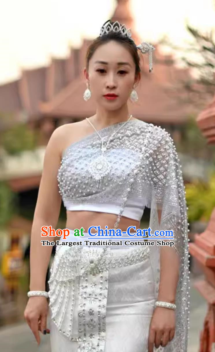Chinese Dai Princess Clothing Thai Handmade Beaded Bra Skirt with Split White Thailand Women Costume