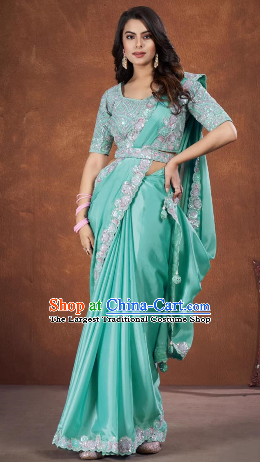 Indian Traditional Women Clothing Embroidery Lake Blue Dress Festival Sari National Costume