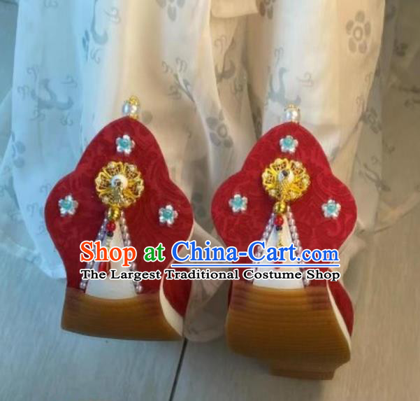 Ancient Chinese Wedding Bride Red Shoes Handmade China Tang Dynasty Empress Curved Toe Shoes Traditional Hanfu Stage Show Shoes