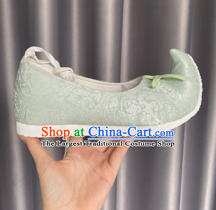 Traditional Hanfu Stage Show Shoes Ancient Chinese Princess Green Shoes Handmade China Song Dynasty Empress Curved Toe Shoes
