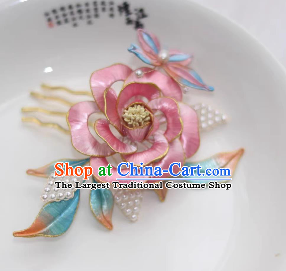 Handmade Intangible Cultural Heritage Pink Silk Peony Hair Comb Traditional Chinese Ming Dynasty Hairpin China Hanfu Hair Jewelry