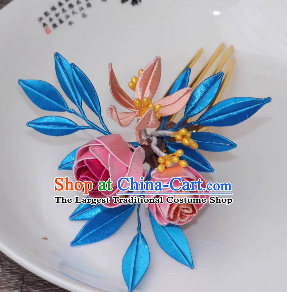 Handmade Intangible Cultural Heritage Silk Rose Hair Comb Traditional Chinese Ming Dynasty Hairpin China Hanfu Hair Jewelry