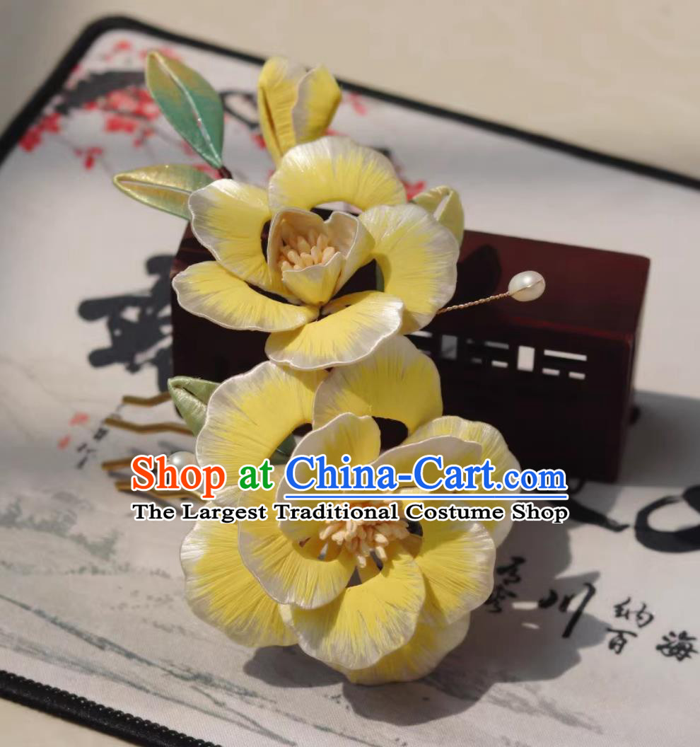 Handmade Ancient Princess Yellow Silk Peony Hair Comb Traditional Chinese Tang Dynasty Hairpin China Hanfu Hair Jewelry