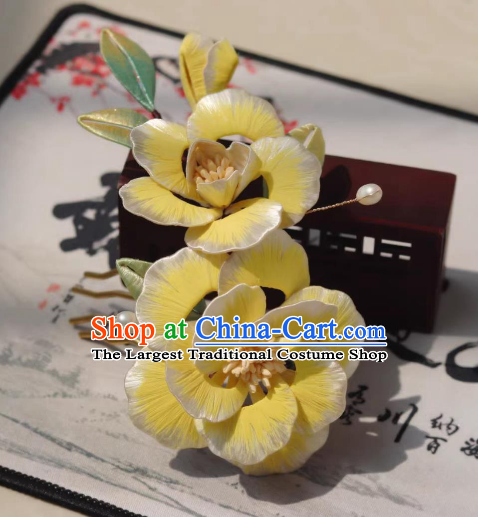 Handmade Ancient Princess Yellow Silk Peony Hair Comb Traditional Chinese Tang Dynasty Hairpin China Hanfu Hair Jewelry