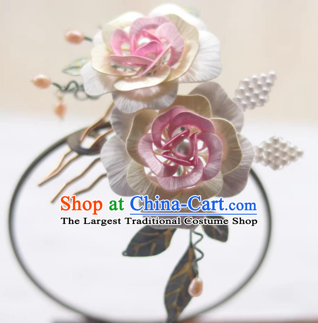 Handmade Ancient Princess Pink Silk Peony Hair Comb Traditional Chinese Tang Dynasty Hairpin China Hanfu Hair Jewelry