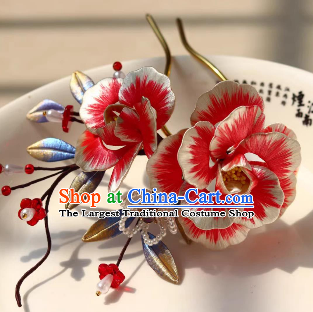 Traditional China Hanfu Hair Jewelry Handmade Ancient Princess Silk Peony Hair Clip Chinese Tang Dynasty Pearls Hairpin