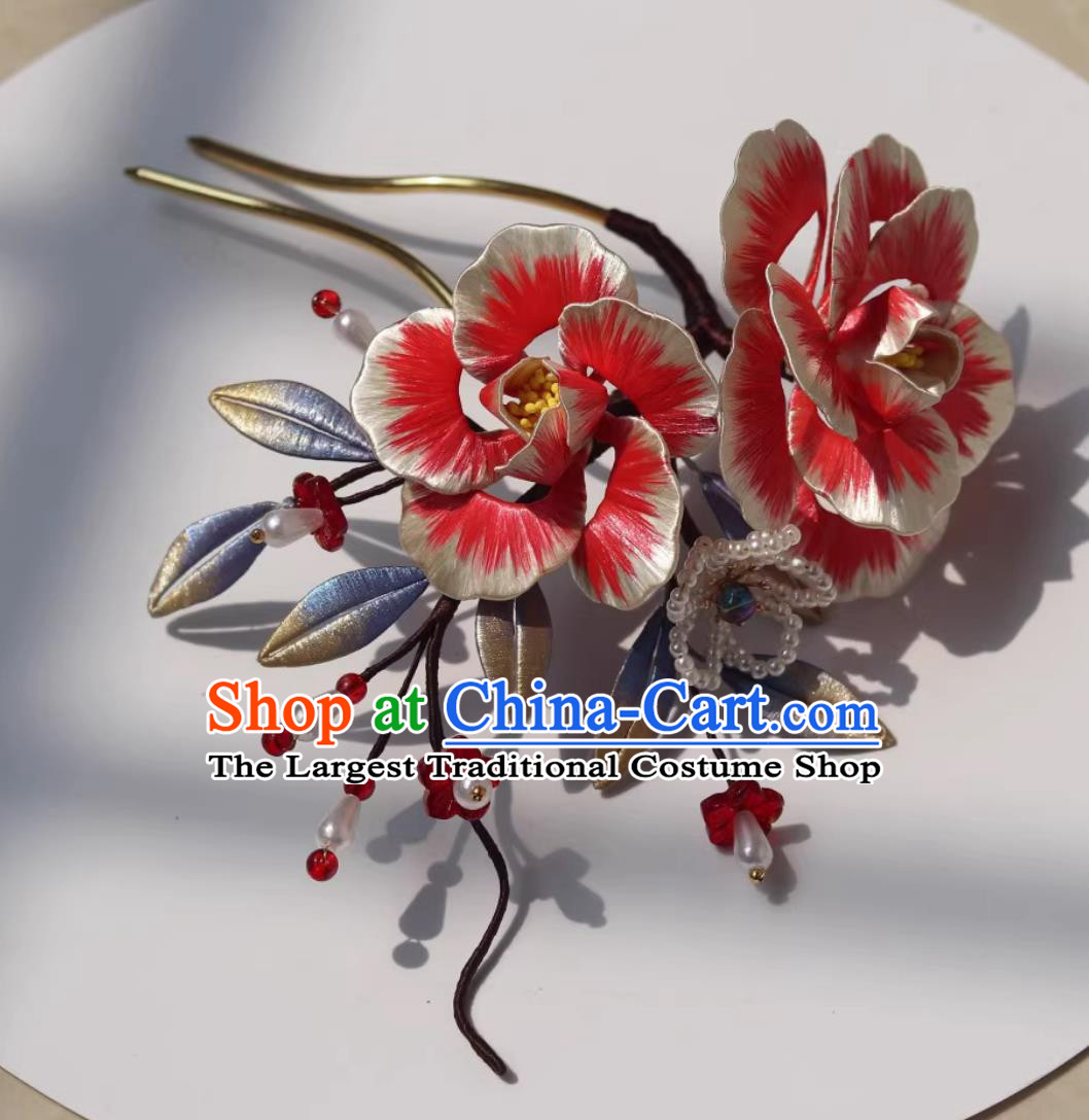 Traditional China Hanfu Hair Jewelry Handmade Ancient Princess Silk Peony Hair Clip Chinese Tang Dynasty Pearls Hairpin