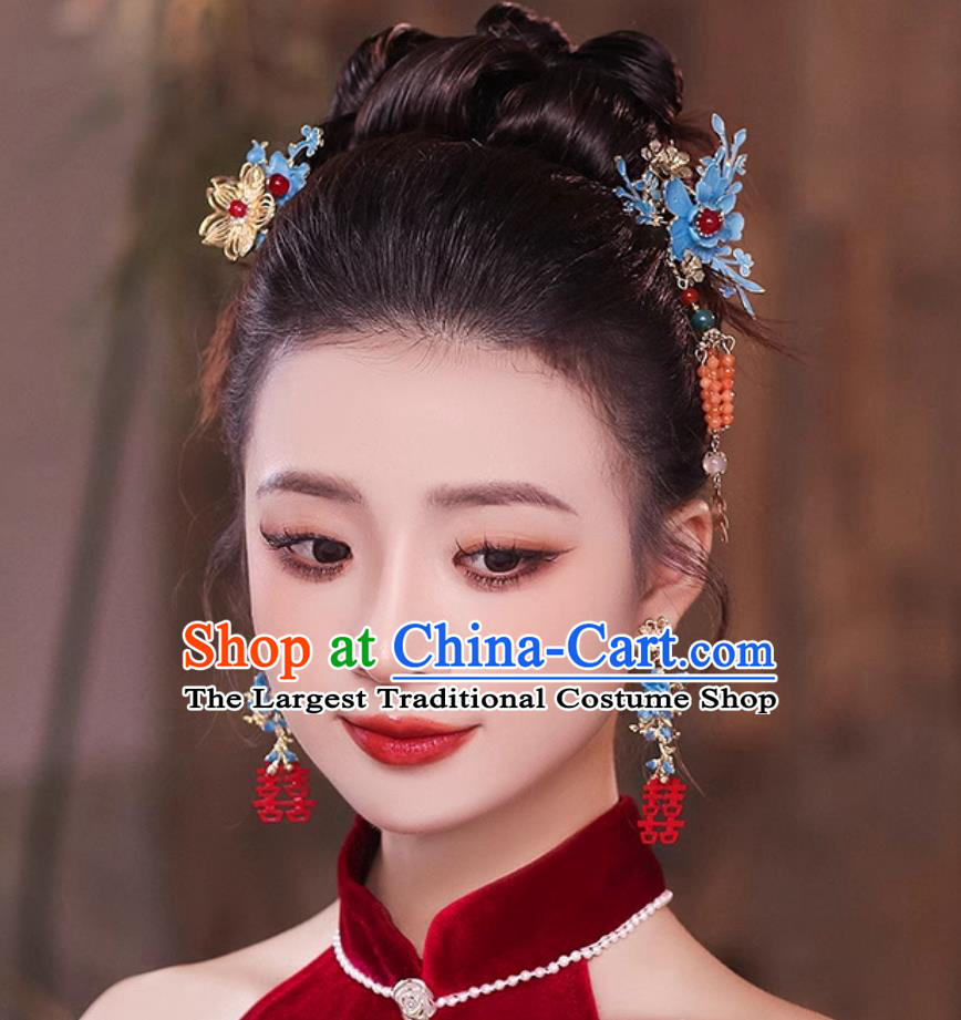 Handmade Bride Hair Accessories and Earrings Traditional Chinese Wedding Headpieces China Cheongsam Hair Jewelries