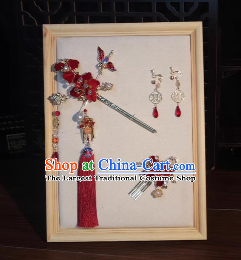 China Cheongsam Hair Jewelries Handmade Bride Hair Accessories and Earrings Traditional Chinese Wedding Red Tassel Headpieces