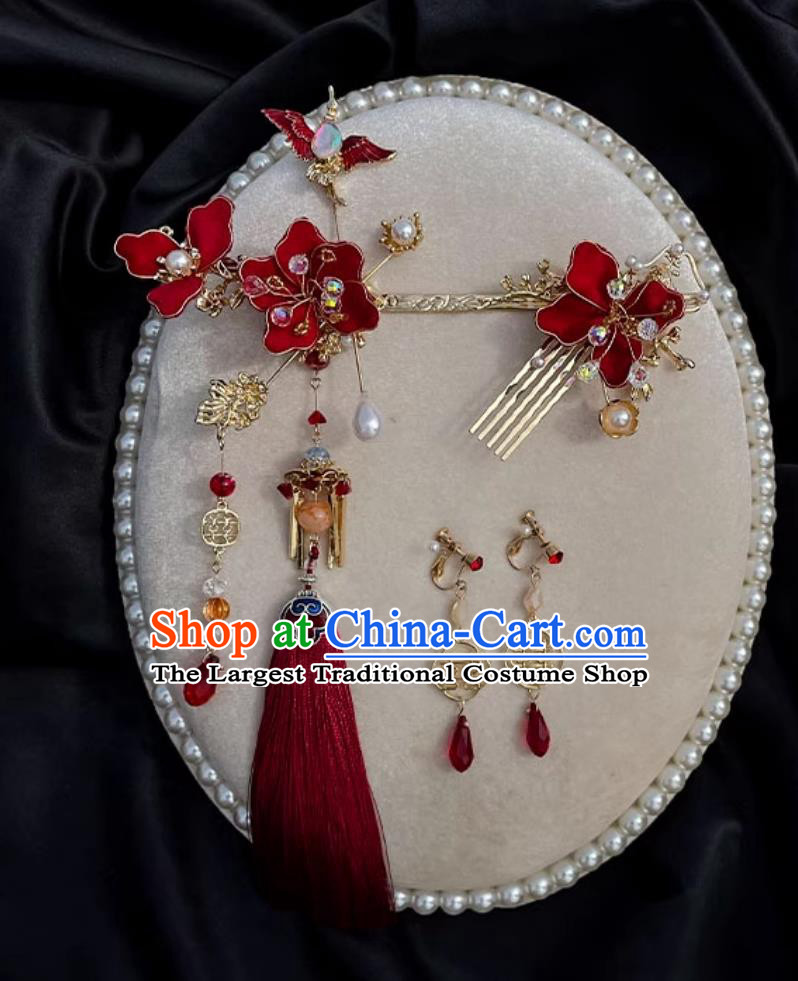 China Cheongsam Hair Jewelries Handmade Bride Hair Accessories and Earrings Traditional Chinese Wedding Red Tassel Headpieces