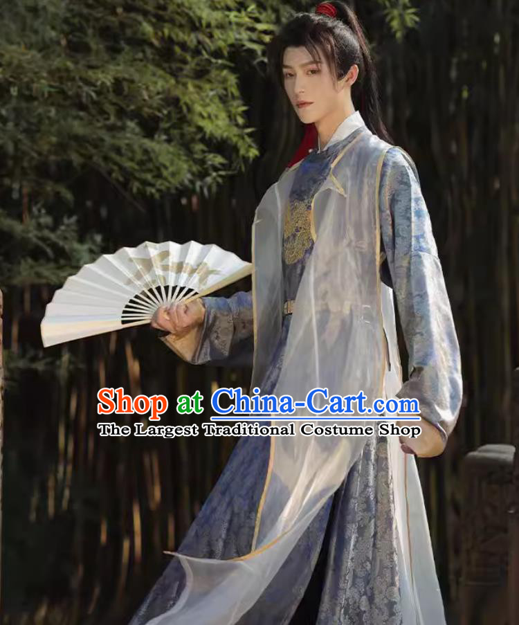 Traditional Male Hanfu Blue Outfit Ancient China Wuxia Swordsman Clothing China Tang Dynasty Royal Prince Costume