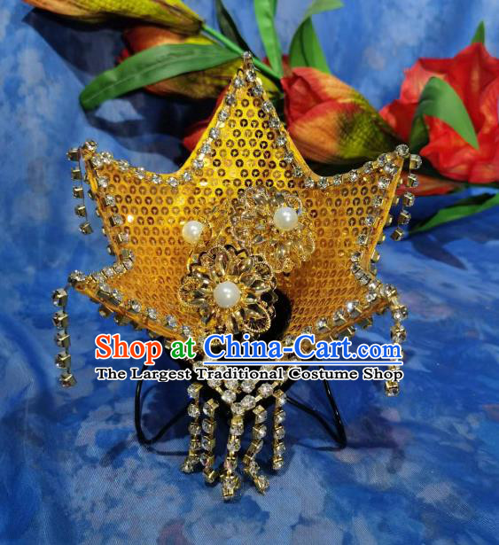 Chinese Classical Dance Hair Jewelry Top Stage Performance Headwear Handmade Korean Dance Golden Headpiece
