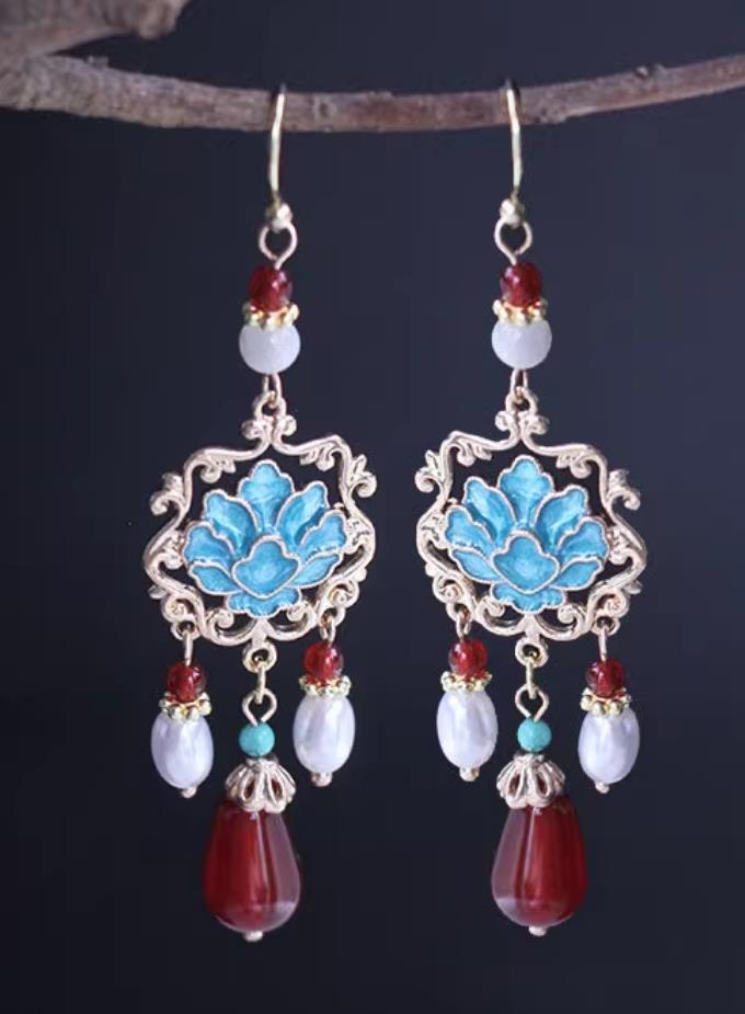 Ancient China Empress Earrings Traditional Ming Dynasty Cloisonn Peony Eardrops Chinese Hanfu Tassel Ear Jewelries