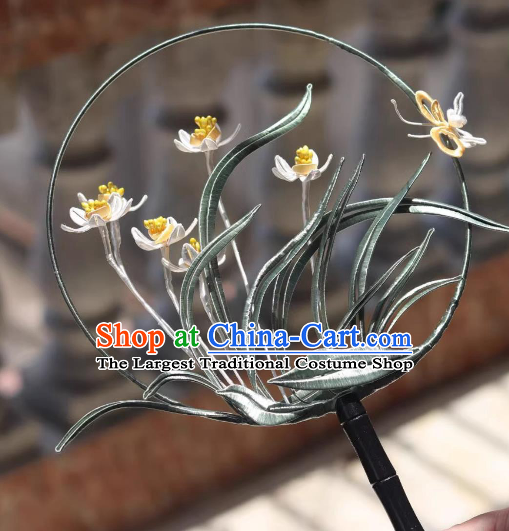Handmade Palace Fan Traditional Classical Embroidered Orchids Round Fan Chinese Hanfu Photography Prop