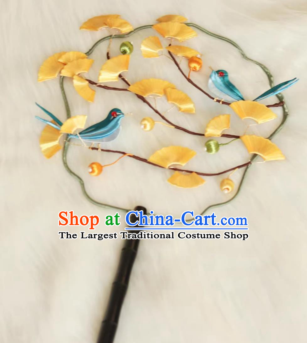 Handmade Silk Ginkgo Leaf Palace Fan Traditional Classical Round Fan Chinese Hanfu Photography Prop