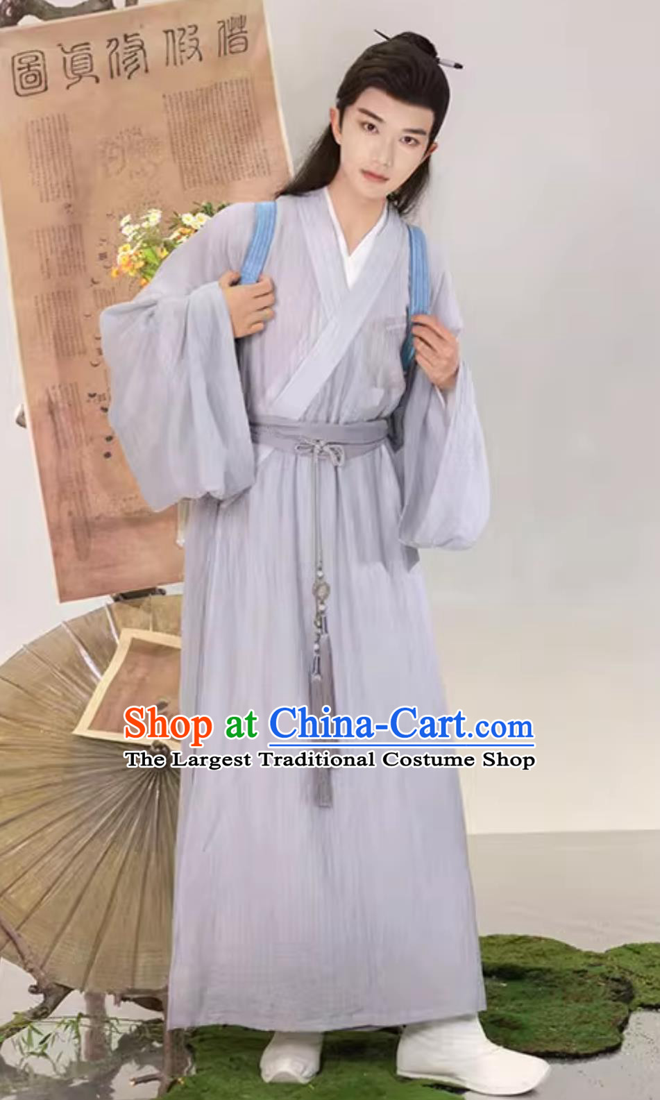 Ancient China Young Man Clothing Traditional Male Hanfu Chinese Song Dynasty Scholar Grey Long Robe