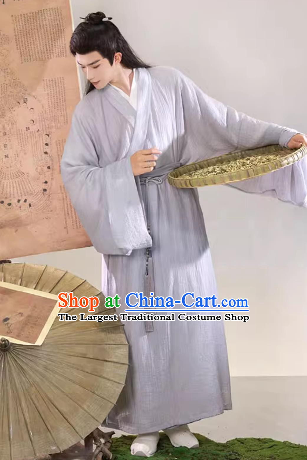 Ancient China Young Man Clothing Traditional Male Hanfu Chinese Song Dynasty Scholar Grey Long Robe