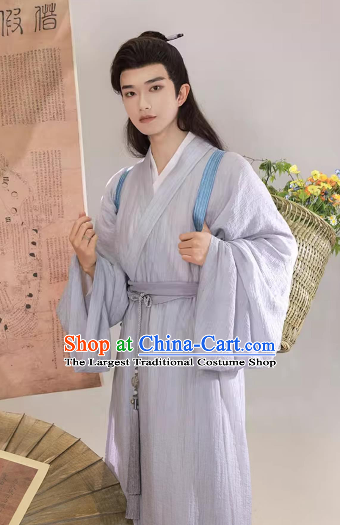 Ancient China Young Man Clothing Traditional Male Hanfu Chinese Song Dynasty Scholar Grey Long Robe