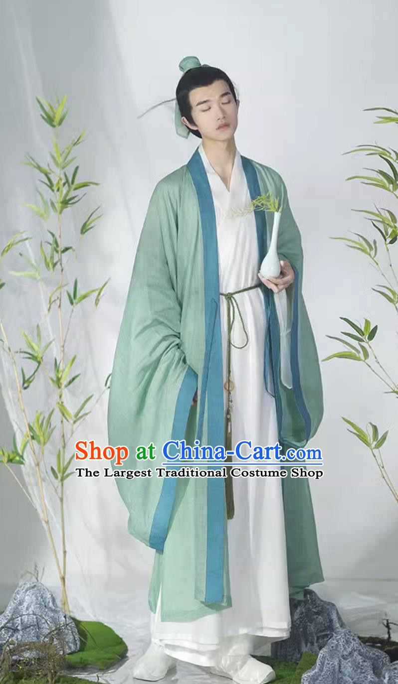 Chinese Song Dynasty Scholar Costumes Ancient China Young Childe Clothing China Traditional Hanfu Green Cape and White Robe Complete Set