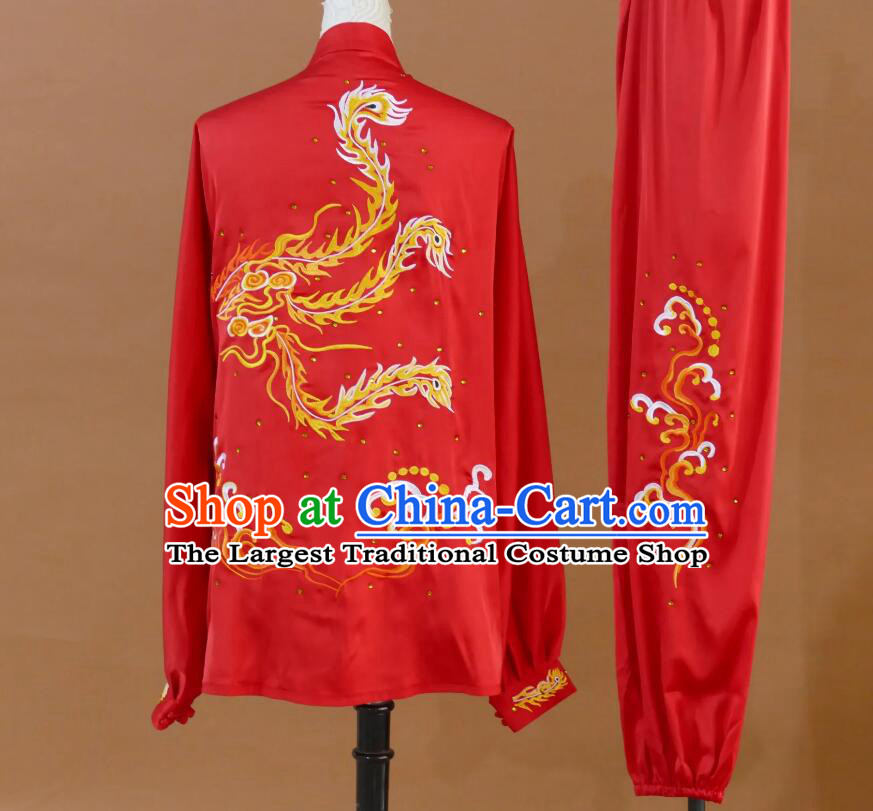 Top Phoenix Embroidery Tai Chi Red Uniform Taiji Chuan Training Suit Kung Fu Costume Martial Arts Clothing