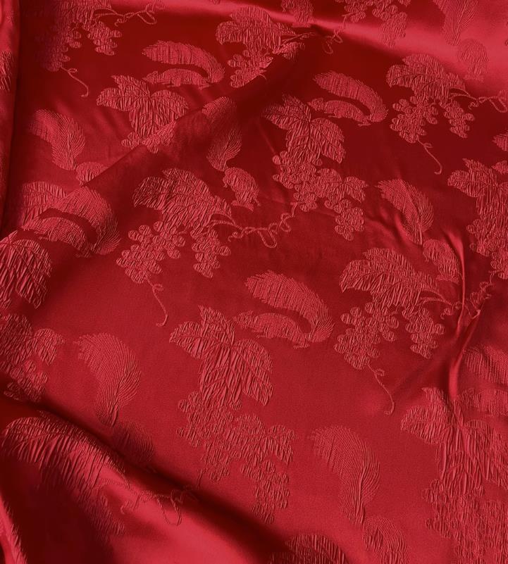 Chinese Traditional Design Red Satin China Qipao Fabric Classical Squirrel Grape Pattern Jacquard Material
