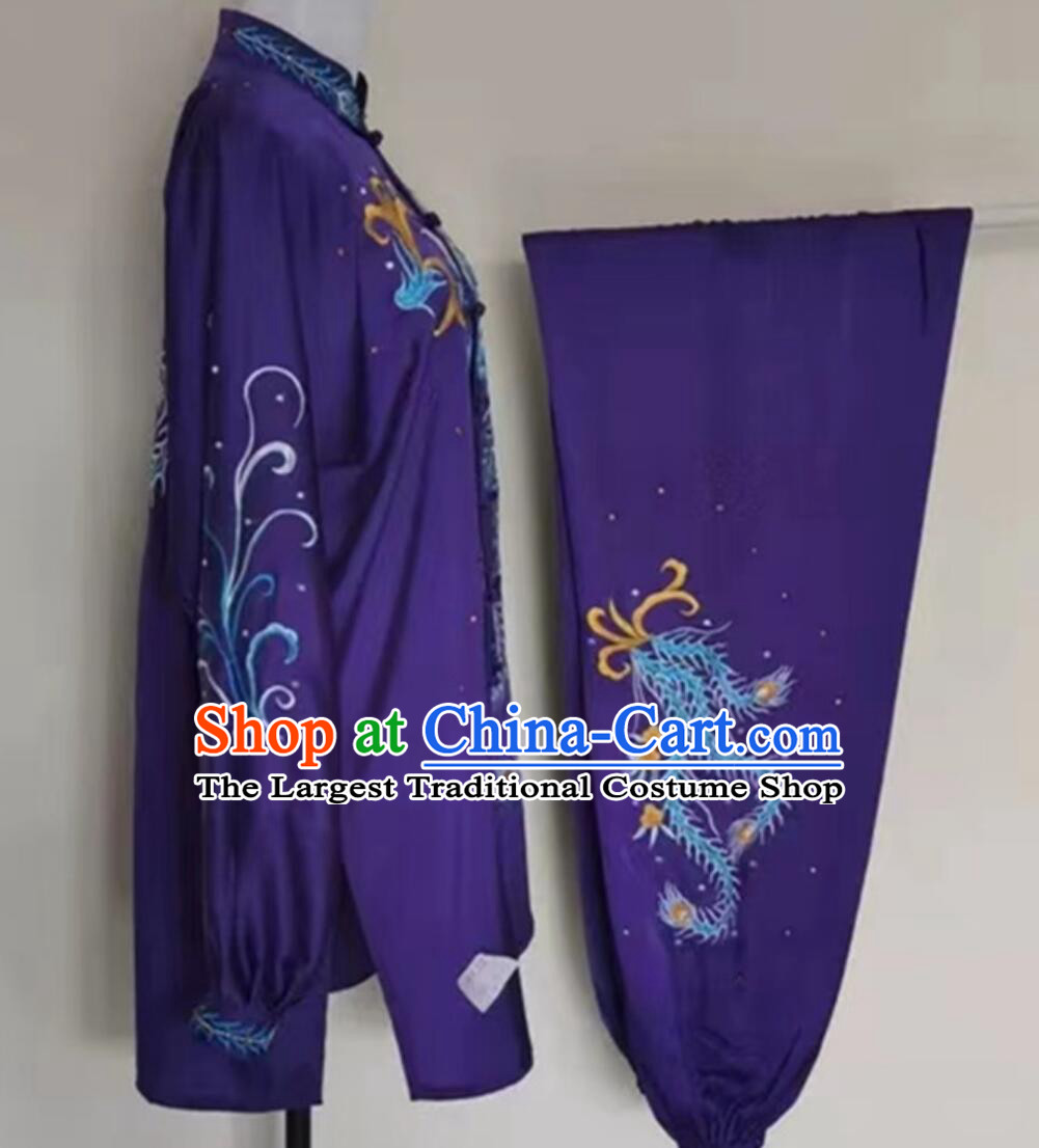 China Tai Chi Tournament Suit Female Tai Ji Training Clothing Martial Arts Embroidered Phoenix Purple Uniform