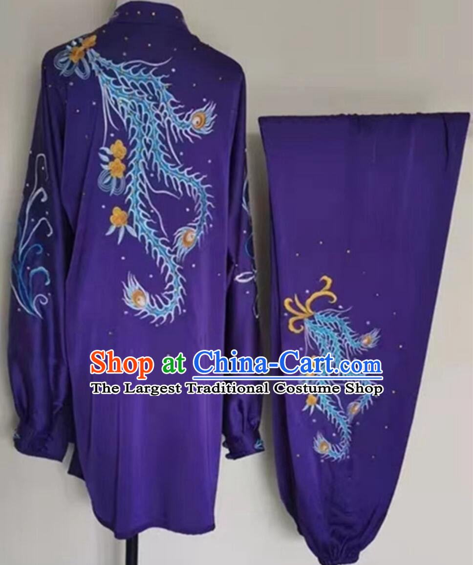 China Tai Chi Tournament Suit Female Tai Ji Training Clothing Martial Arts Embroidered Phoenix Purple Uniform