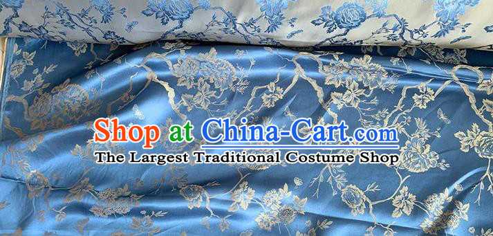 Blue China Traditional Cheongsam Fabric Mulberry Silk Cloth Chinese Classical Peony Pattern Jacquard Material