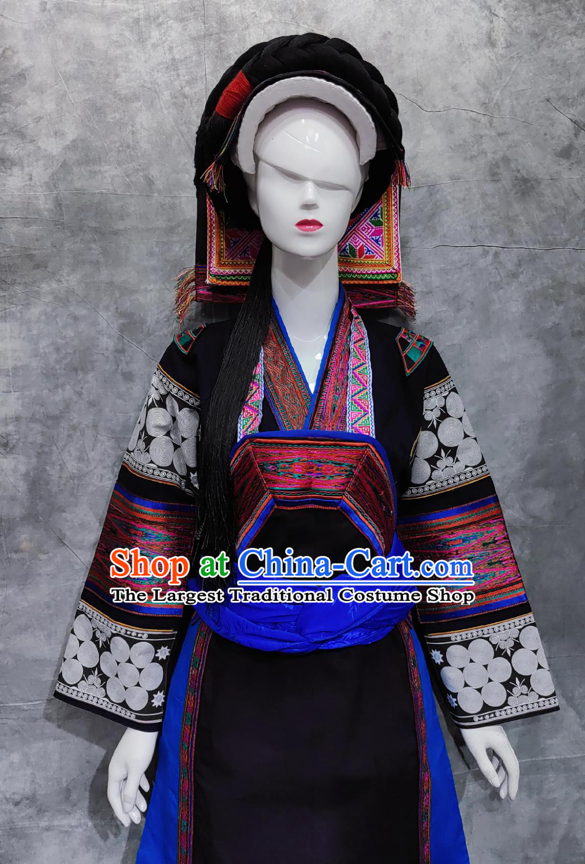 China Stage Performance Black Outfit Chinese Bouyei Ethnic Clothing Buyi National Minority Wedding Costume
