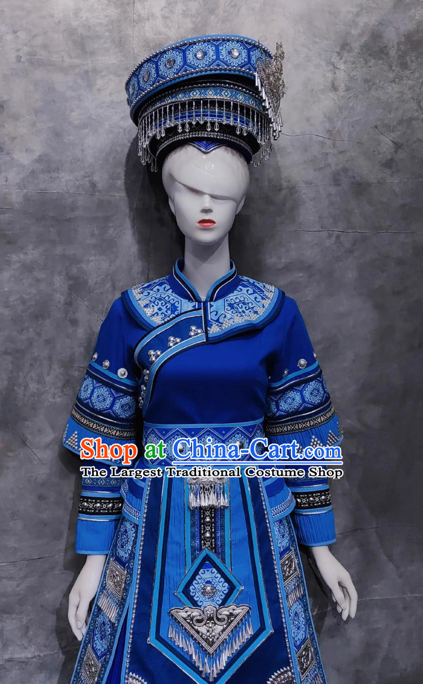 Chinese Tujia Ethnic Festival Clothing China Tu Jia National Minority Royal Blue Dress March rd Woman Solo Costume