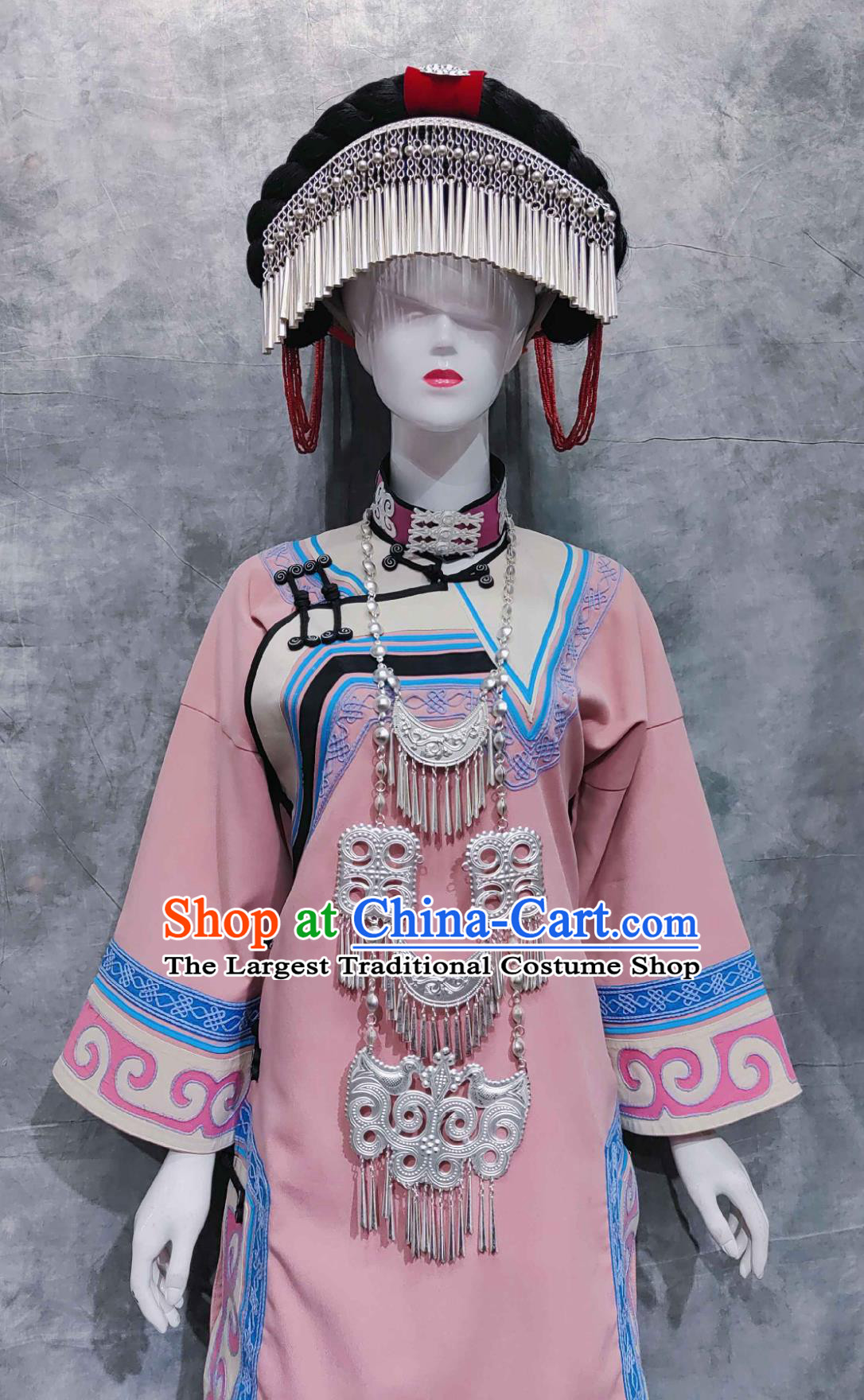 Chinese Ta Liang Mountain Woman Costume China Yi Ethnic Torch Festival Clothing National Minority Dance Pink Dress