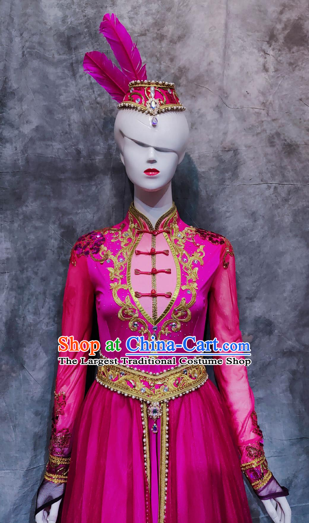 China Uyghur National Minority Woman Rosy Dress Traditional Xinjiang Performance Costume Chinese Uighur Ethnic Festival Dance Clothing