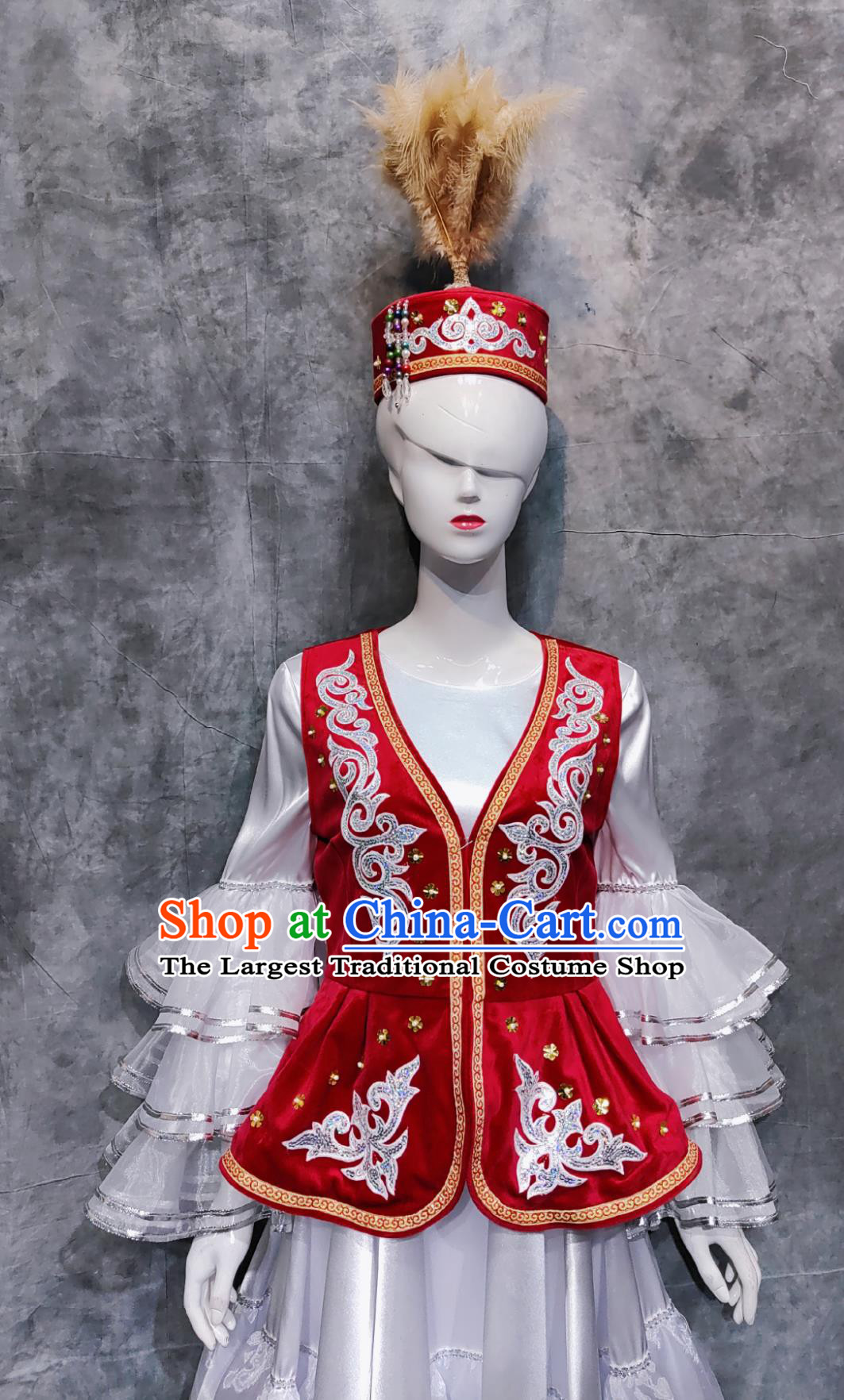 China Xinjiang Folk Dance Costume Kazakh Ethnic Woman Clothing Chinese Kazak National Minority Stage Performance Red Vest and Dress