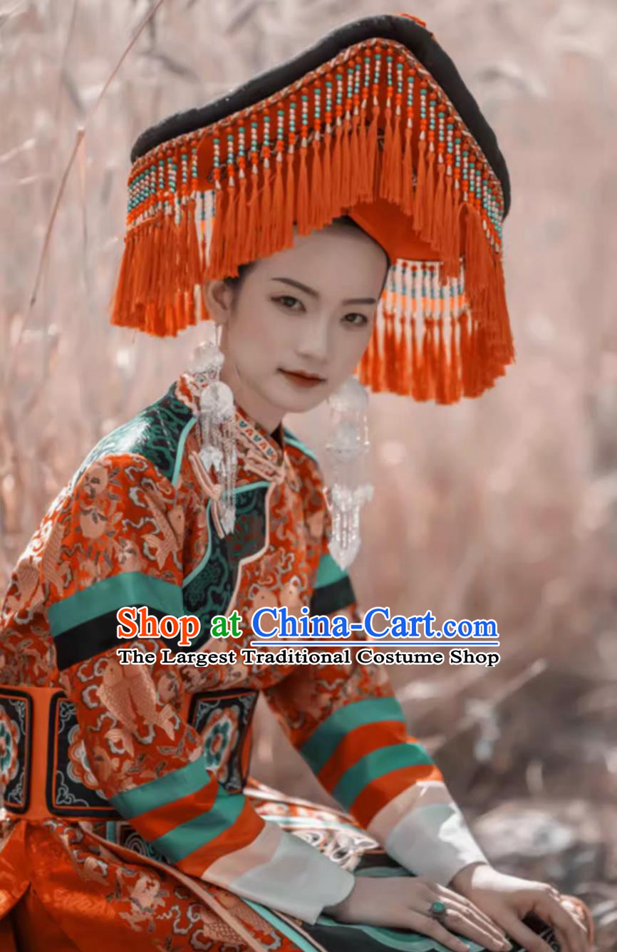 China Qinghai Travel Photography Outfit Traditional Chinese Ethnic Bride Costume Tu National Minority Wedding Woman Clothing
