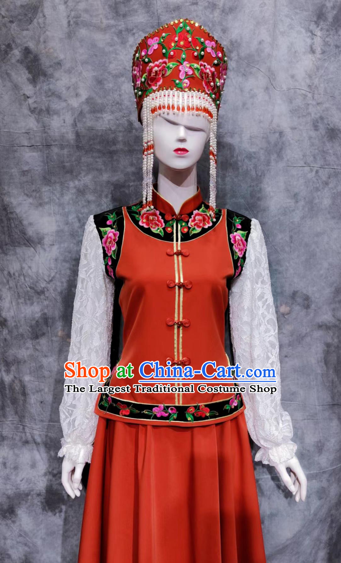 Traditional Chinese Xibe Ethnic Festival Costume China Sibo National Minority Woman Clothing Xinjiang Belem Dance Red Dress