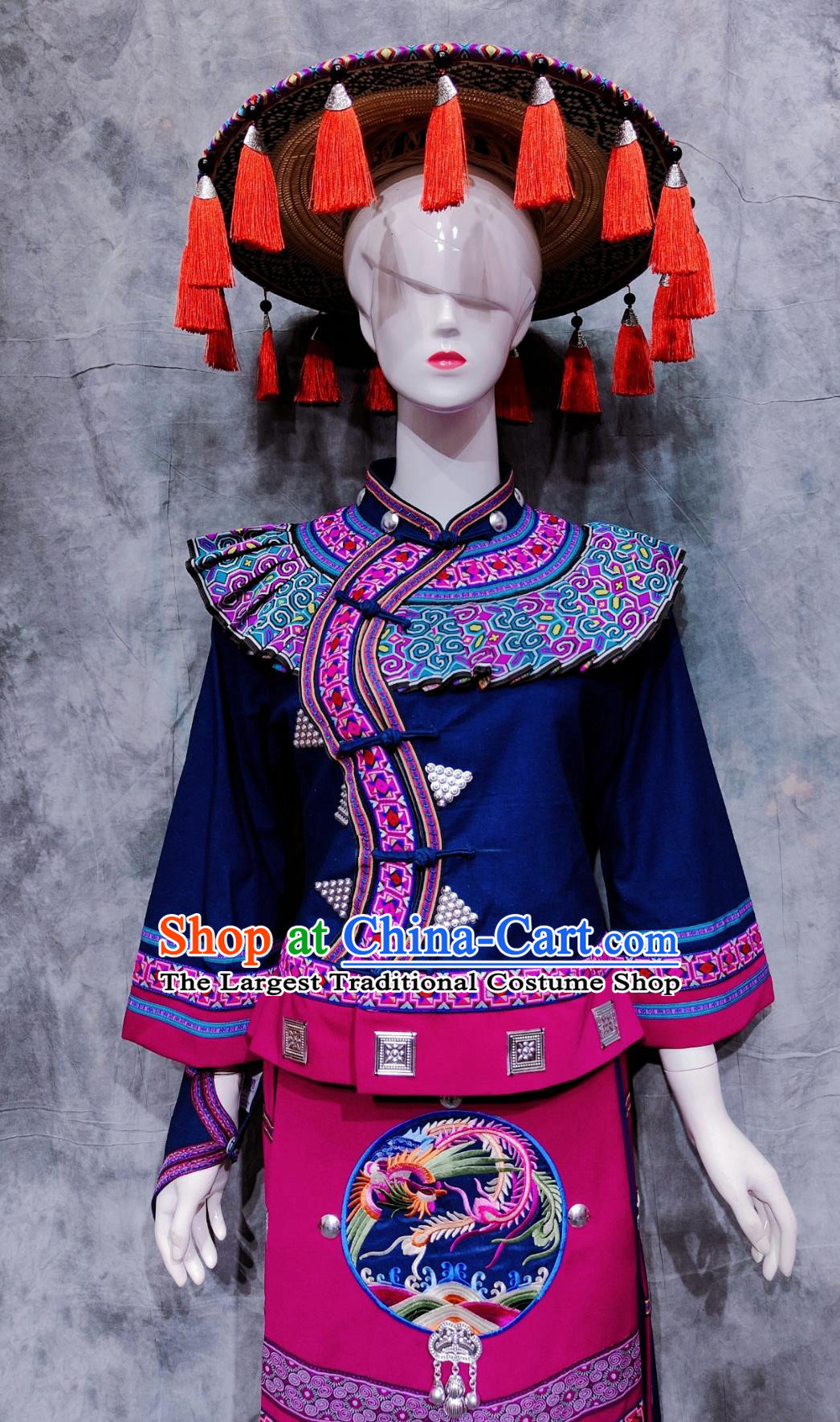 Traditional Chinese Ethnic Dance Costume China Maonan National Minority Woman Clothing Guangxi Travel March rd Festival Dark Blue Outfit