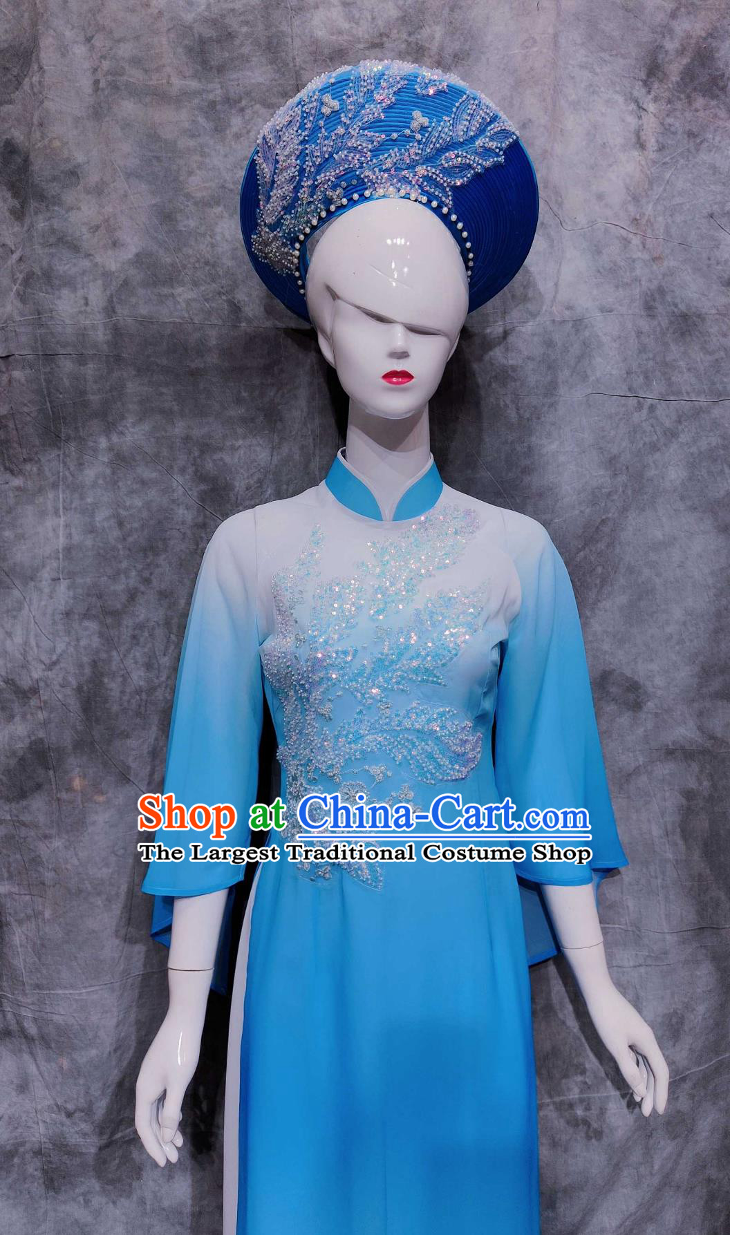 China Jing National Minority Woman Clothing Traditional Guangxi Travel March rd Festival Blue Aodai Dress Chinese Ethnic Dance Costume