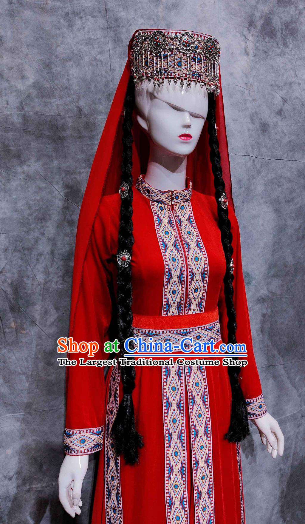 China Tajik National Minority Woman Clothing Traditional Xinjiang Travel Red Dress Chinese Tayikos Ethnic Dance Costume