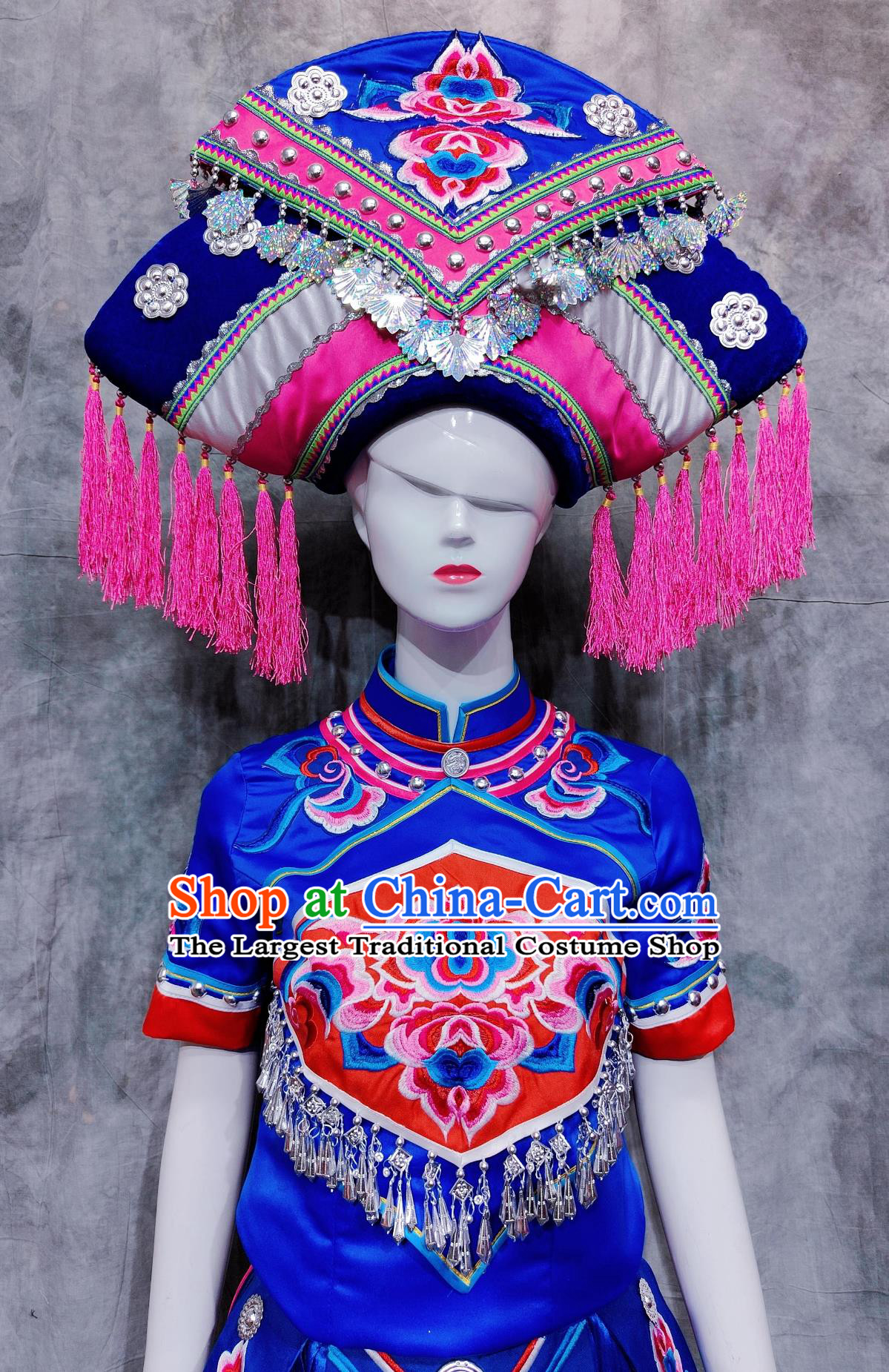 Traditional Guangxi Travel Embroidered Blue Dress Chinese Ethnic Dance Costume China Zhuang National Minority Woman Festival Clothing