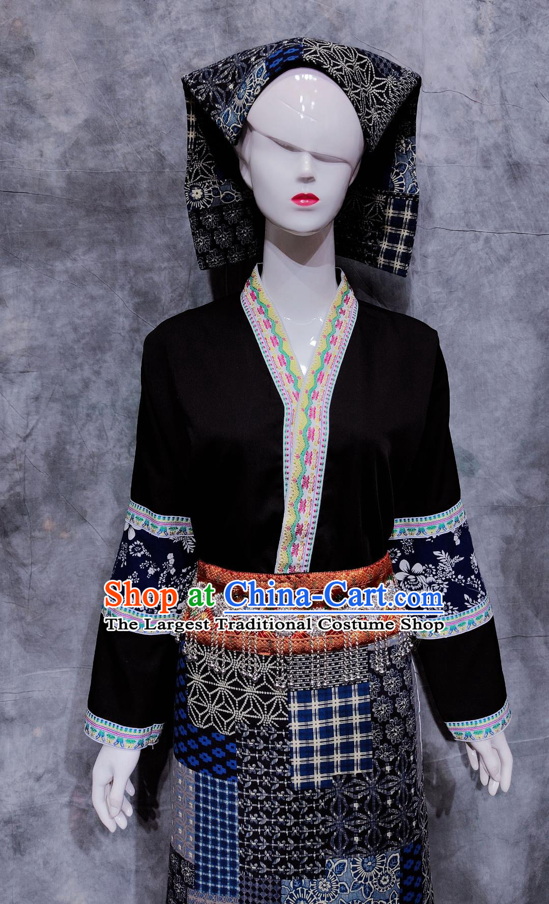 Chinese Kelao Ethnic Dance Costume China Gelo National Minority Woman Clothing Traditional Guizhou Travel Black Outfit