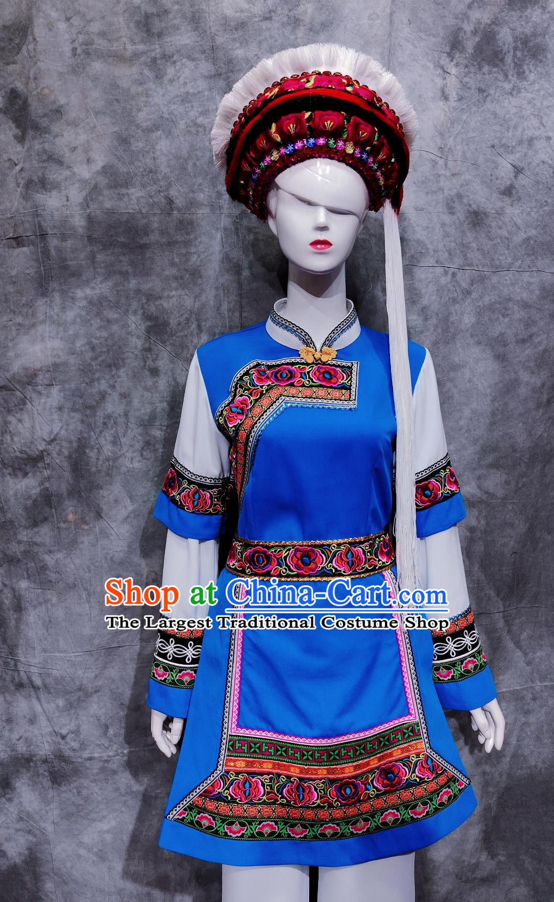 Traditional Yunnan Travel Blue Outfit Chinese Ethnic Dance Costume China Bai National Minority Woman Clothing