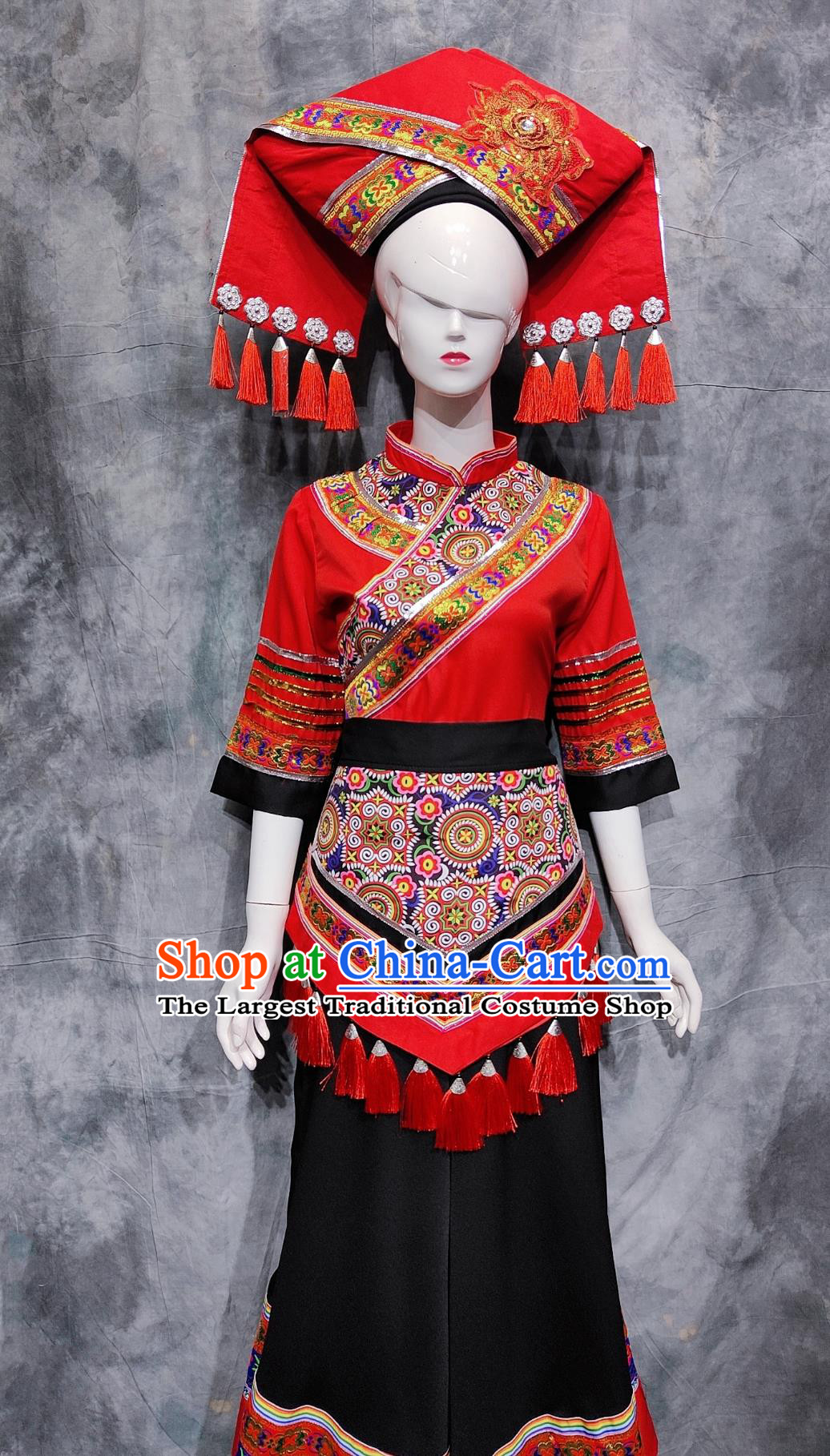Chinese Ethnic Dance Costume China Zhuang National Minority Woman Clothing Traditional Guangxi March rd Festival Performance Attire