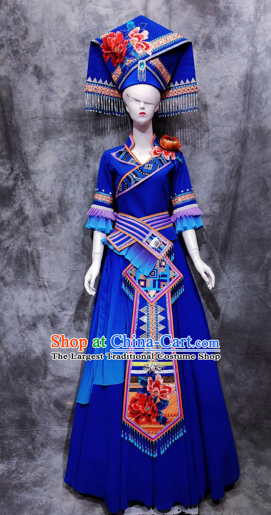Traditional Guangxi Travel March 3rd Festival Attire Chinese Ethnic Dance Blue Dress Costume China Zhuang National Minority Woman Clothing