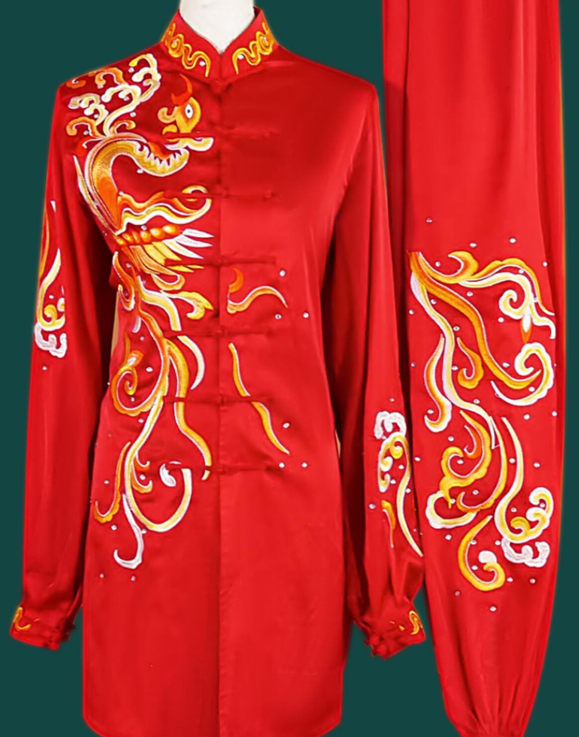 Chinese Kung Fu Taiji Costume Top Pure Silk Wushu Uniform Red Embroidered Phoenix Tai Chi Suit