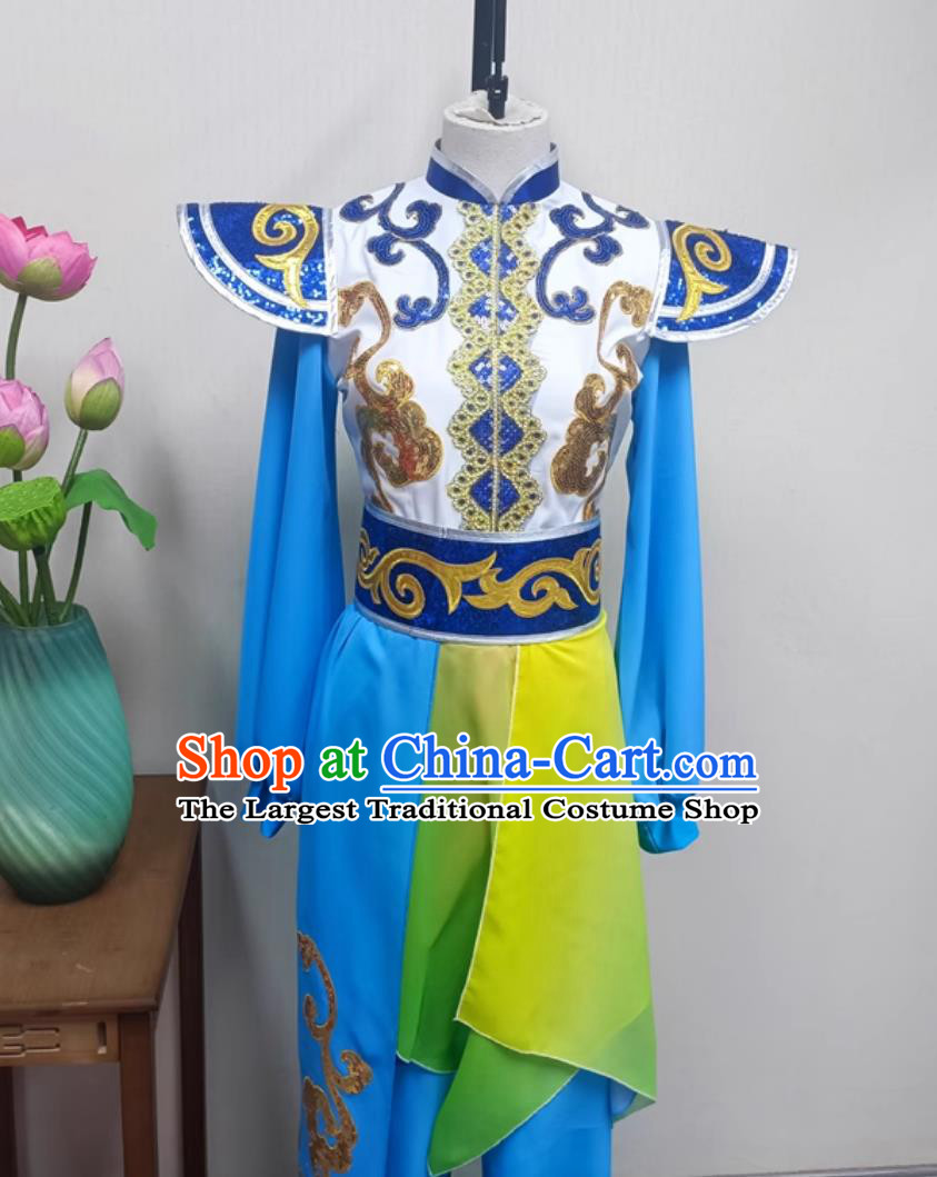 Women Dragon Performance Blue Outfit China Folk Dance Clothing Chinese Yangko Dance Drum Show Costume