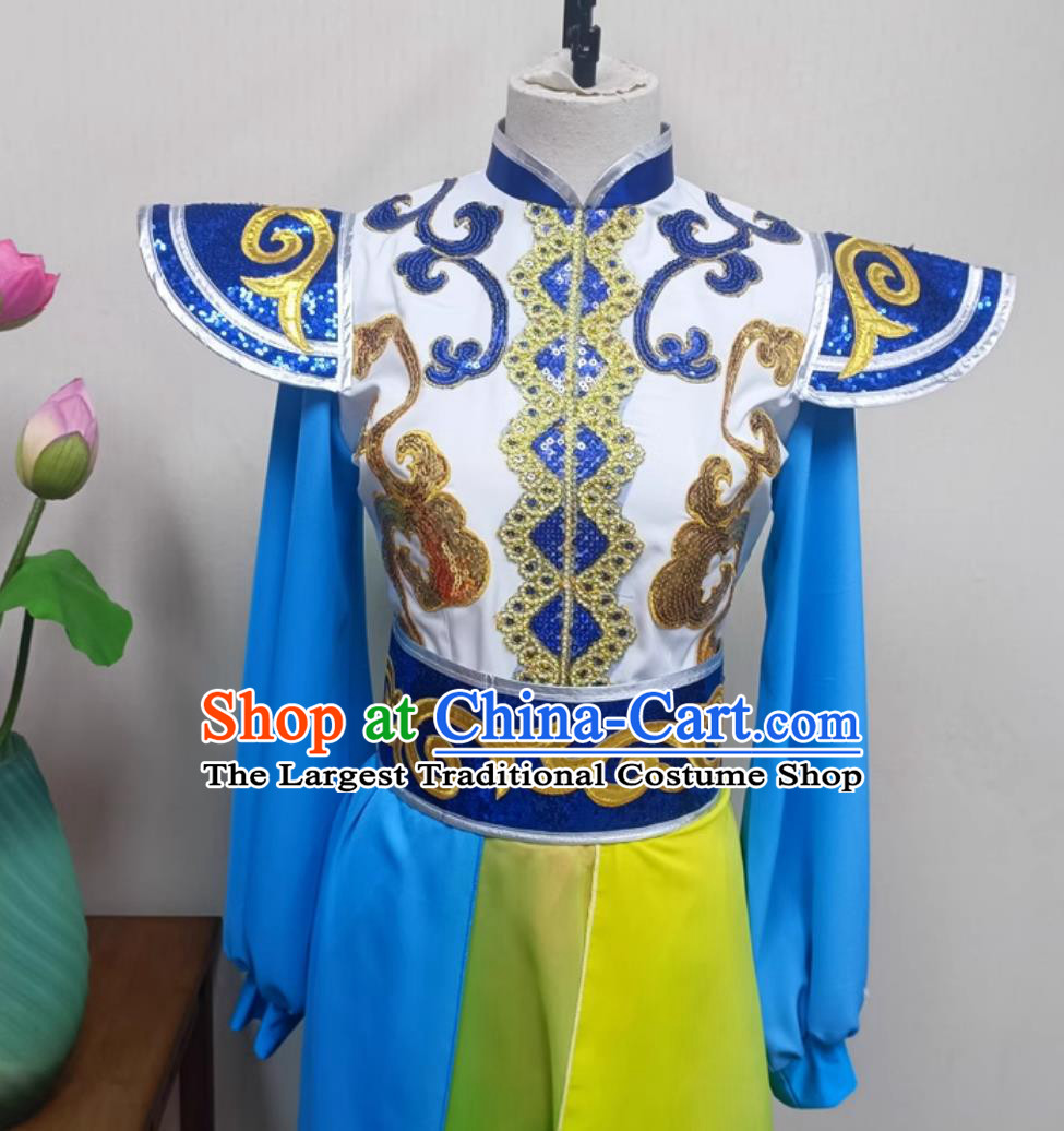 Women Dragon Performance Blue Outfit China Folk Dance Clothing Chinese Yangko Dance Drum Show Costume