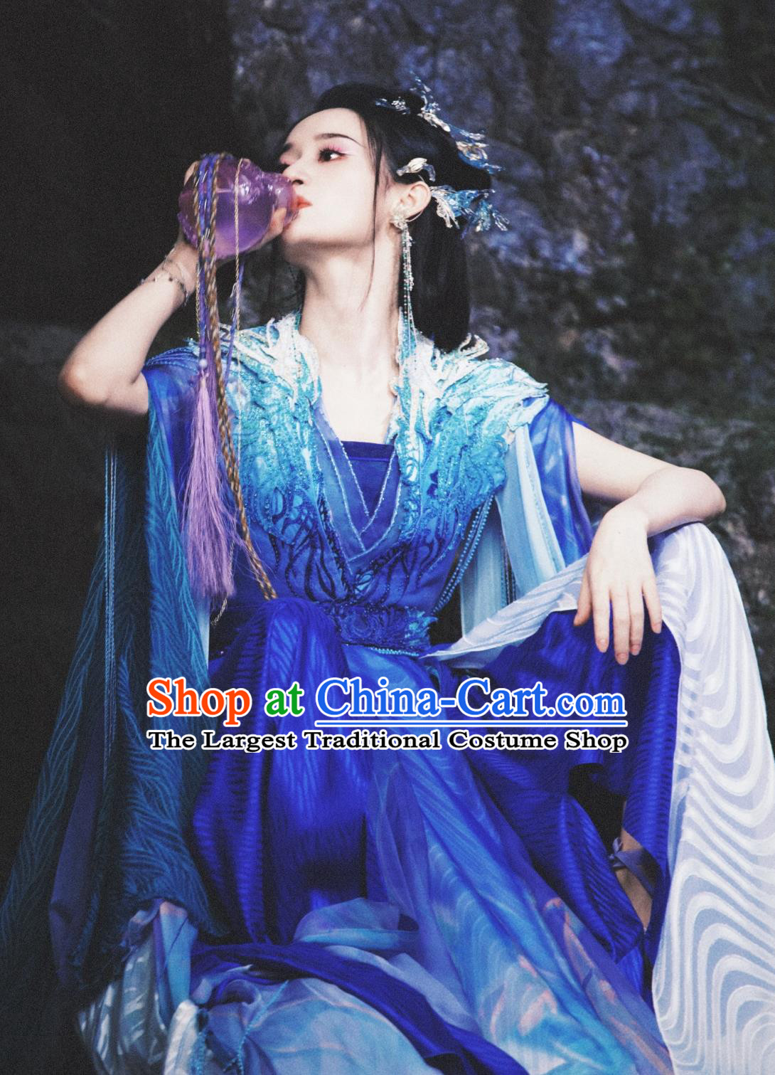 Ancient China Fairy Clothing Chinese TV Series Fox Spirit Matchmaker Red Moon Pact Tu Shan Ya Ya Blue Dress